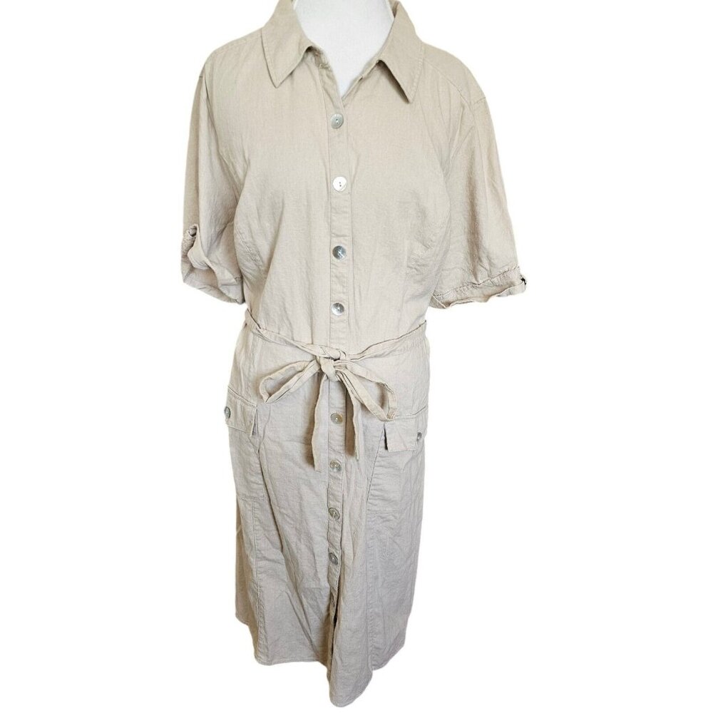 Vintage 90s Womens 3X Belted Shirt Dress Linen Blend Cream Beige Short Sleeve